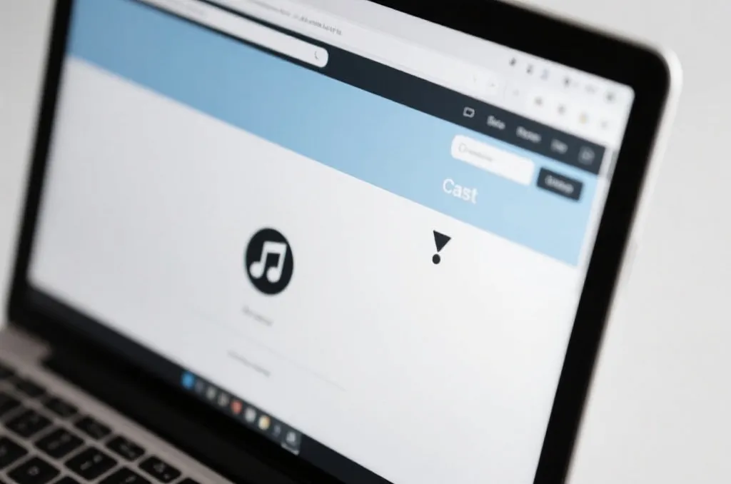 Close-up of a generic laptop screen showing a web browser interface with a highlighted dropdown cast icon, modern clean design, high angle, editorial photography